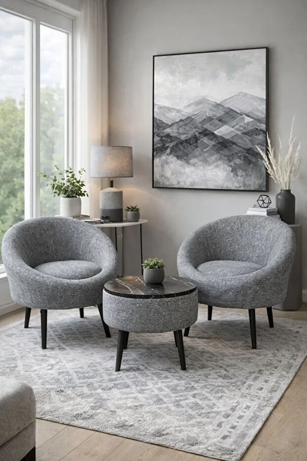 LİDA Keten Gri İkili Berjer Seti SİYAH MERMER DESEN ÖZEL SEHPALI